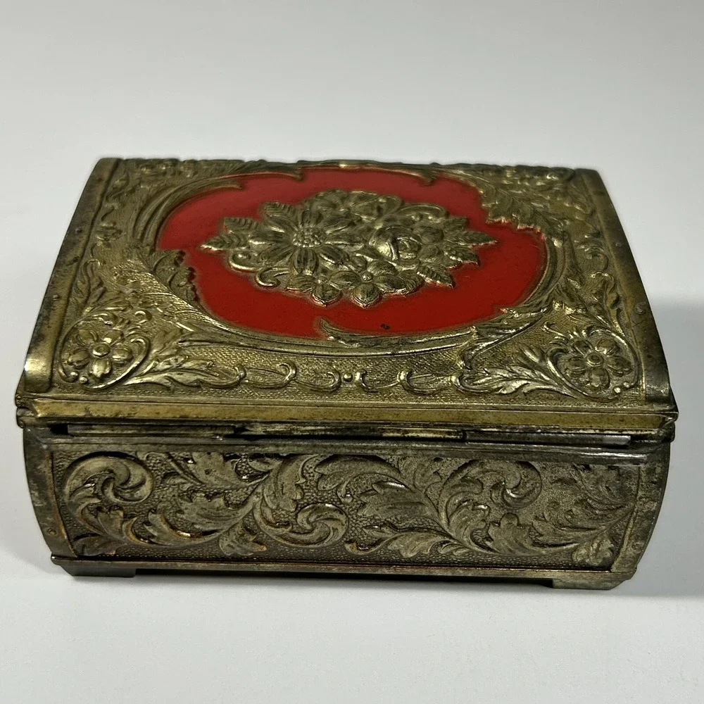 Vintage Metal Gold-tone Floral Detailed Lined Footed Trinket Jewelry Box.